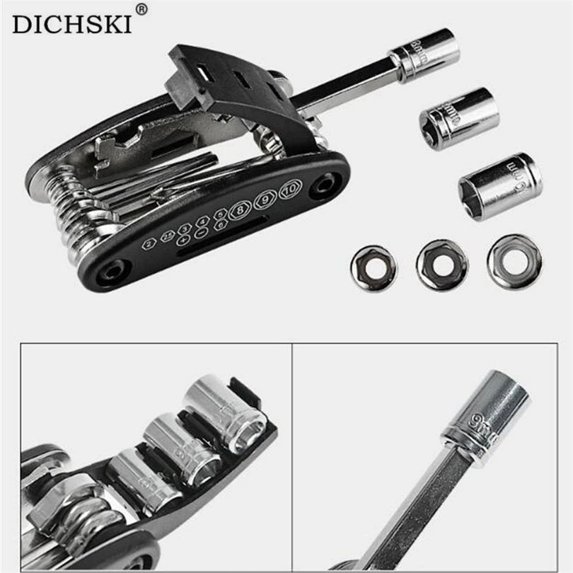 DICHSKI 15 In 1 Multi Usage Bike Bicycle Repair Tools Kit Hex Wrench Nut Tire Repair Key Screwdriver Socket Extension Rod Tool