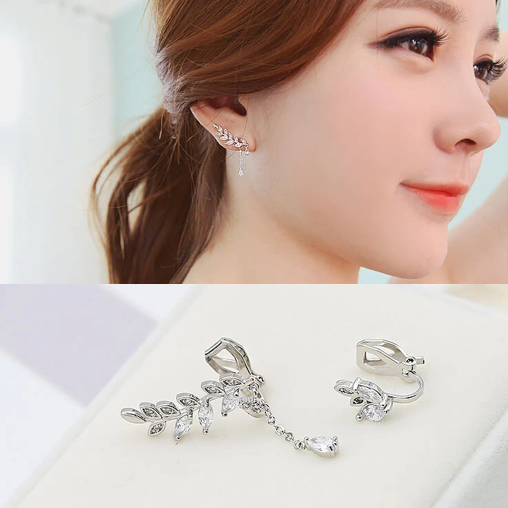 Classic Fashion Geometric Asymmetry Leaves Zircon Rhinestones  Non Pierced Earrings Korea Charm Clips Earrings for Girl Jewelry