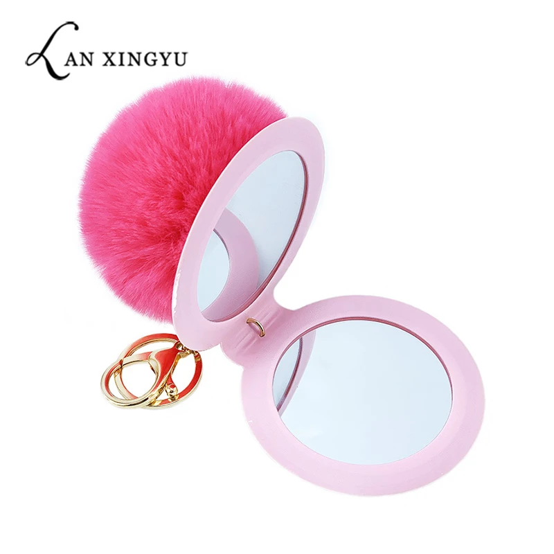 1Pcs 12 Color Cute Puff Ball There Mirror KeyChains  Simple PU makeup mirror Kids woman small gift accessories