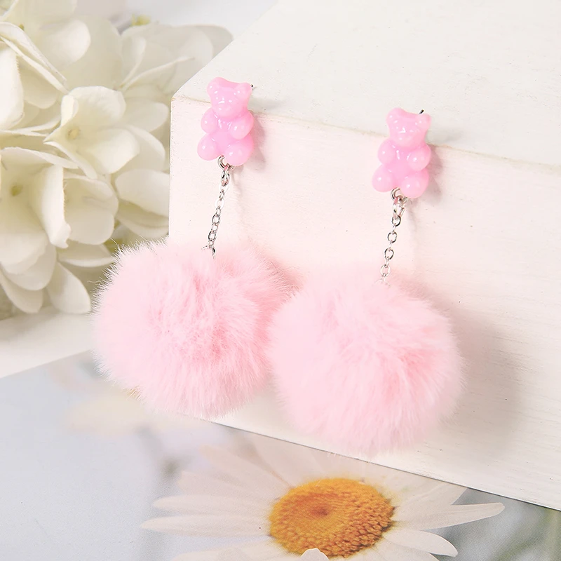 1Pair Cute Stud Earrings Multicolours Bear Candy Charms Resin Crafts with Puffer Ball Fashion Jewelry Gift