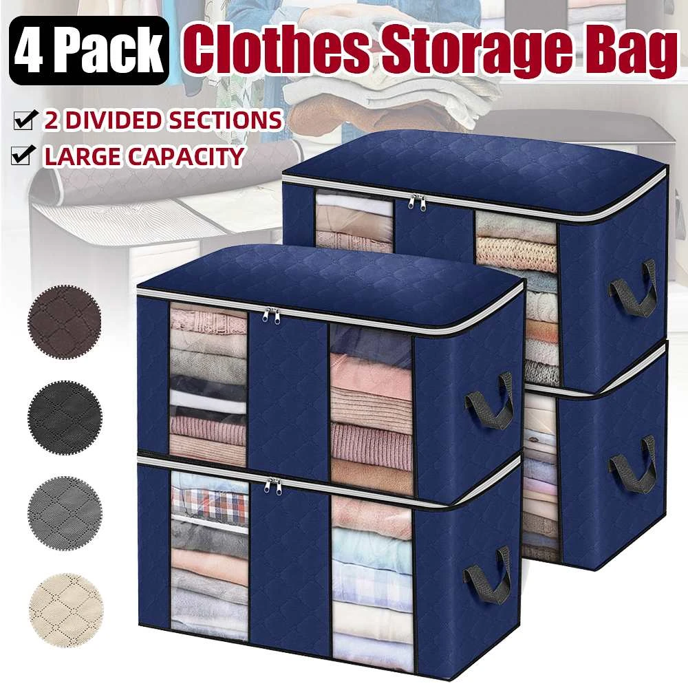 90L 4pcs/set Clothes Storage Bag Blanket Organizer Box Portable Non-woven Folding Clothes Pillow Quilt Blanket Storage Box Home