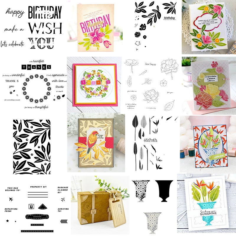 Mash-Up Birthday Stitched Floral Perennials Vase Leaves Suitcase Stamps And Dies Set for DIY Scrapbooking Cards Crafts 2021 New