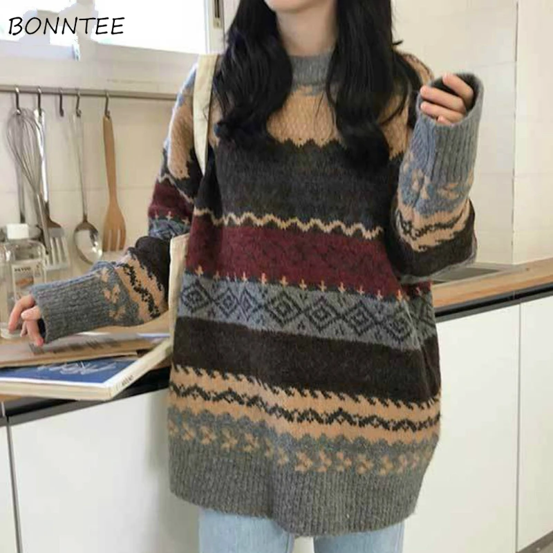 Pullovers Women Vintage Loose Casual Sweaters Geometric Retro Lazy Female 4XL Harajuku Korean Style Womens Ulzzang Chic New Tops