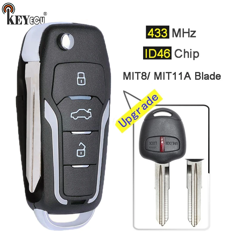 KEYECU 433MHz ID46 Upgraded Flip 2 Button Remote Key Fob for Mitsubishi Pajero, Lancer & Outlander Left/ MIT11R Right Blade