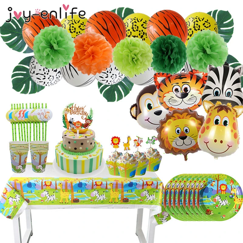 Jungle Animal Party Monkey Lion Foil Balloon Safari Birthday Party Decoration Kids Disposable Tableware Cake Toppers Baby Shower