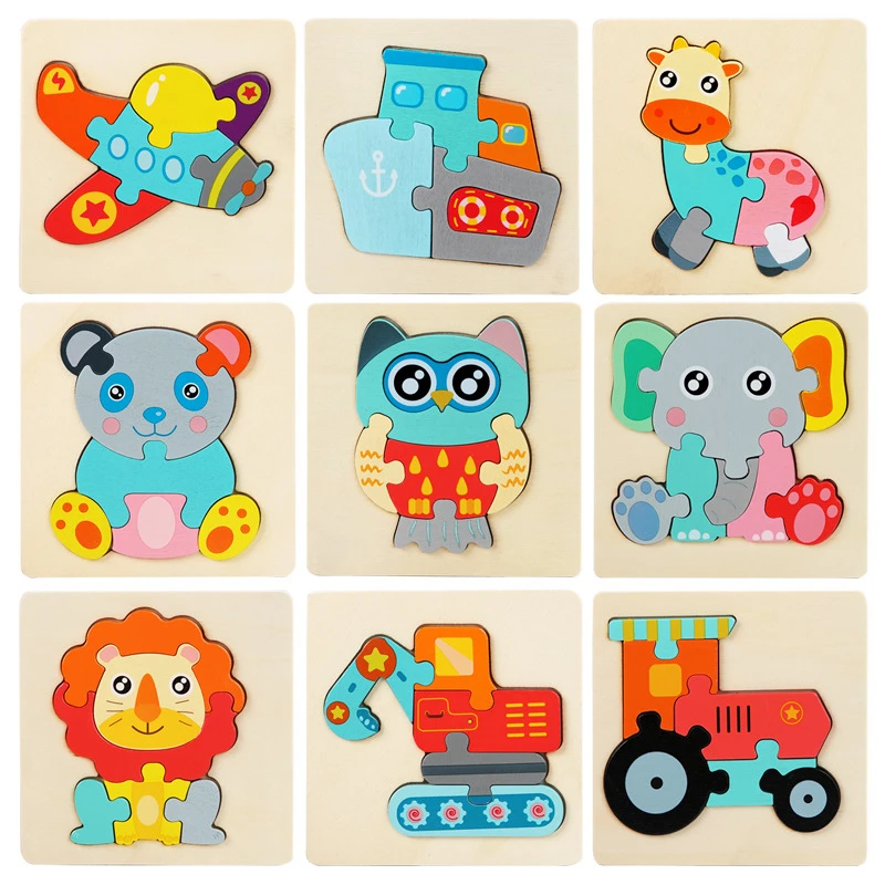 3D Wooden Puzzle Cartoon Animals Kids Cognitive Jigsaw Puzzle Early Learning Educational Baby Puzzle Toys for Children