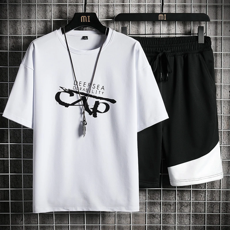 Casual Men's Sets Summer Tracksuit Men Print Short Sleeve T-shirt +Shorts Breathable Short Set Fashion Sportswear Male 2 Piece