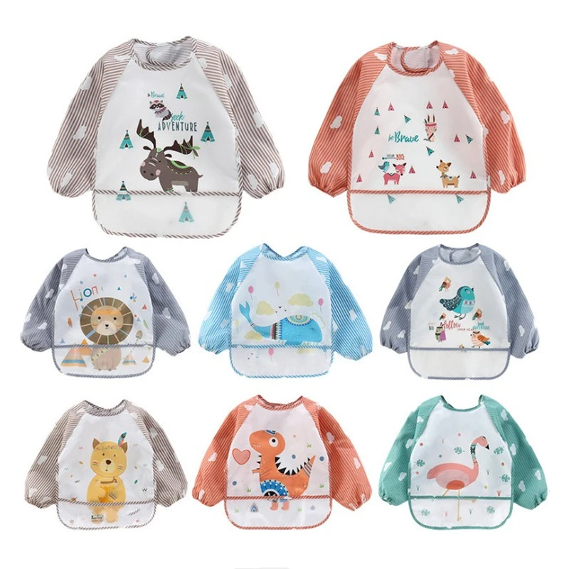 Baby Kids Toddler Long Sleeve Waterproof Eating Smock Feeding Bib Apron Pocket Baby Bandana Bibs Baby Self Feeding Bib