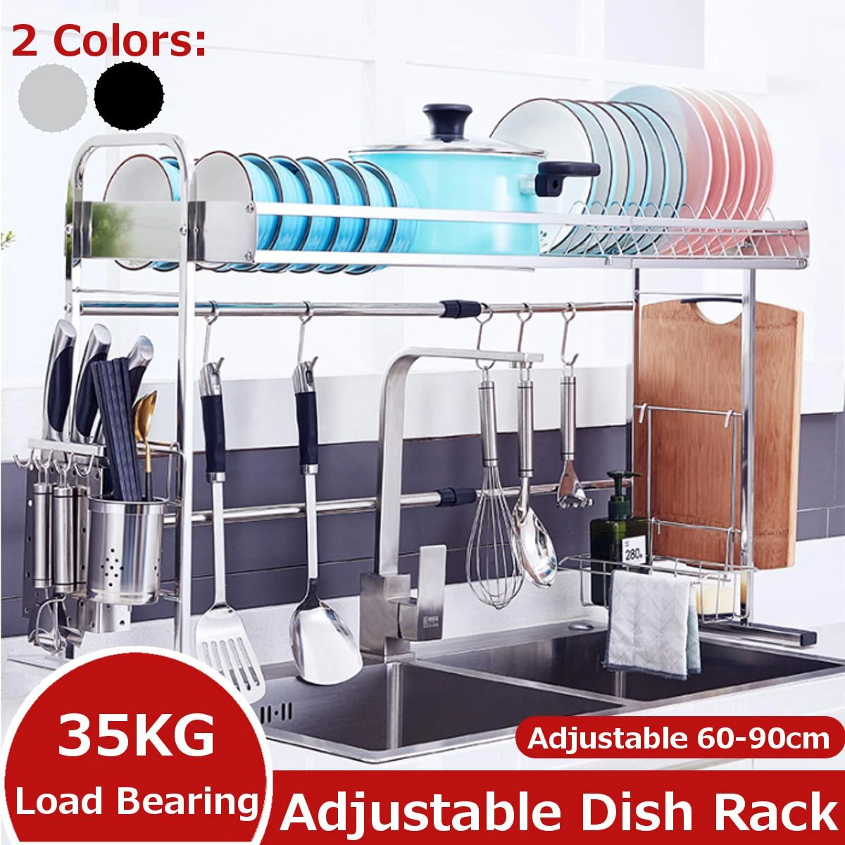 60-90cm Dish Drying Rack Over the Sink Kitchen Supplies Storage Shelf Counter-top Space Saver Stand Tableware Drainer Organizer