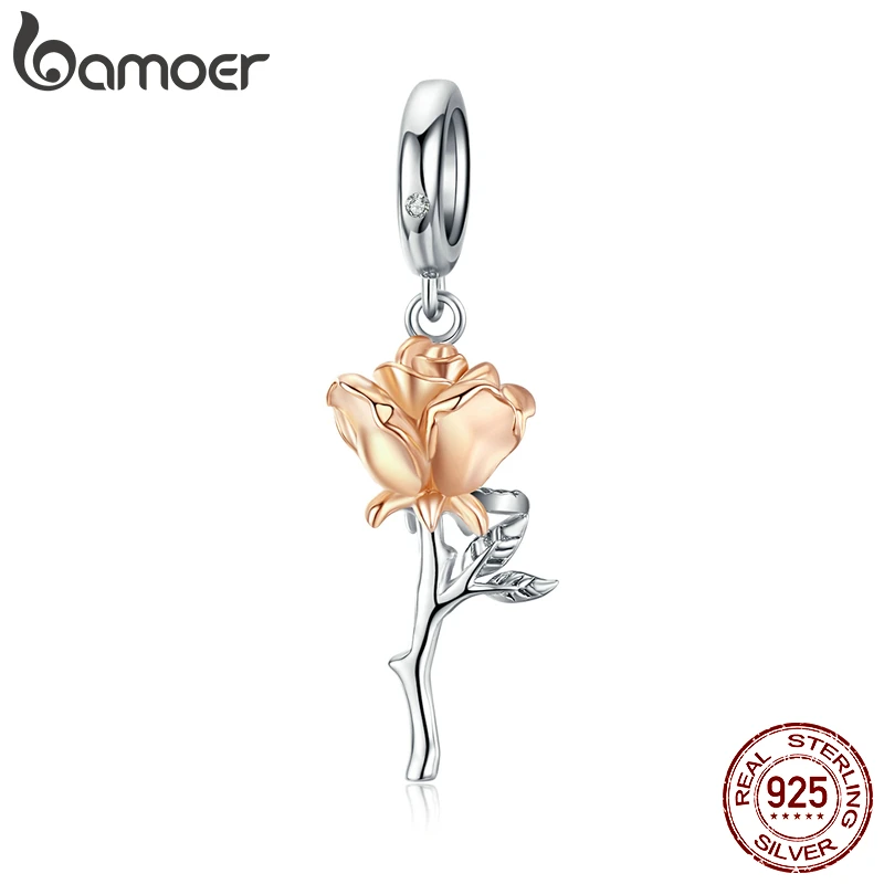 bamoer 3D Rose Flower Pendant Charm 925 Sterling Silver Rose Gold Color Charms for Bracelet or Necklace DIY Bijoux BSC145