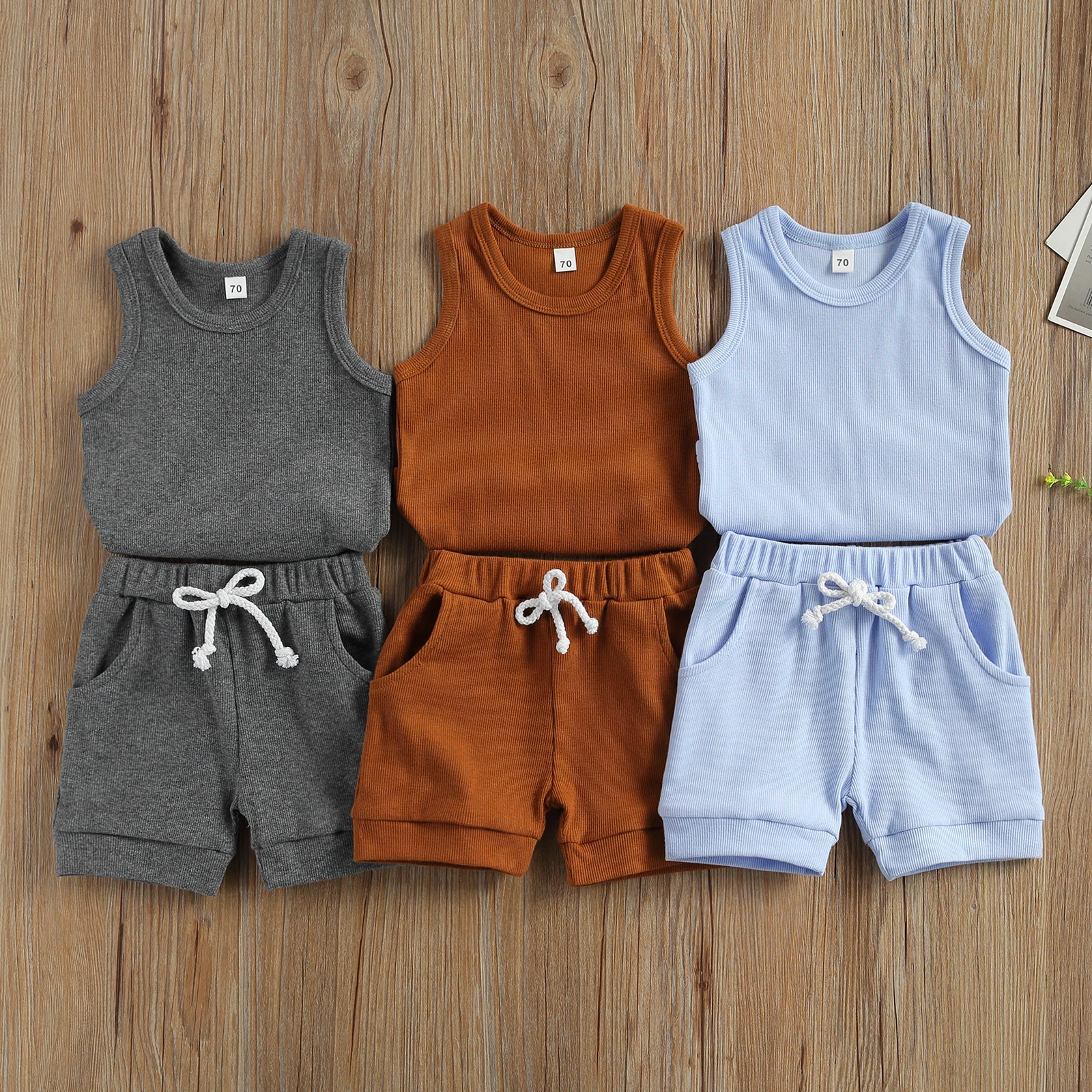 Fashion Summer Newborn Baby 2-piece Outfit Set Sleeveless Solid Color Tops+Shorts Casual Set for Kids Baby Boys Girls