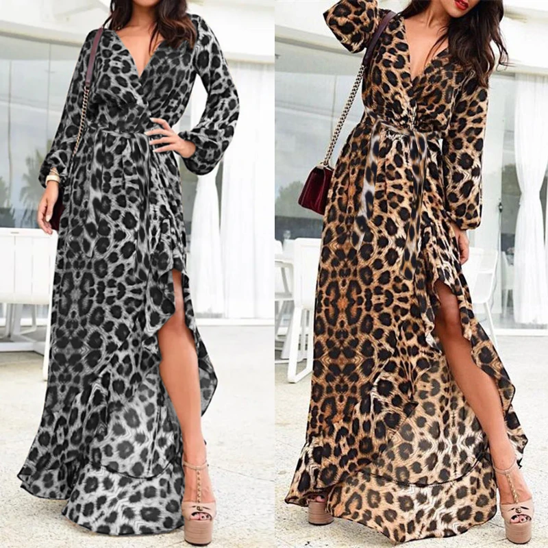 ZANZEA Women Sexy Leopard Print Dress Long Maxi Vestidos Ladies Asymmetrical High Split Ruffles Dresses 2021 Summer Sundress