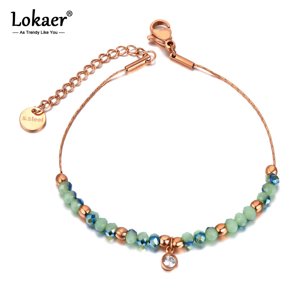 Lokaer Sparkling Green CZ Crystal Charm Bracelets Bangles For Women Stainless Steel Link Chain Bohemia Beach Bracelet B20189