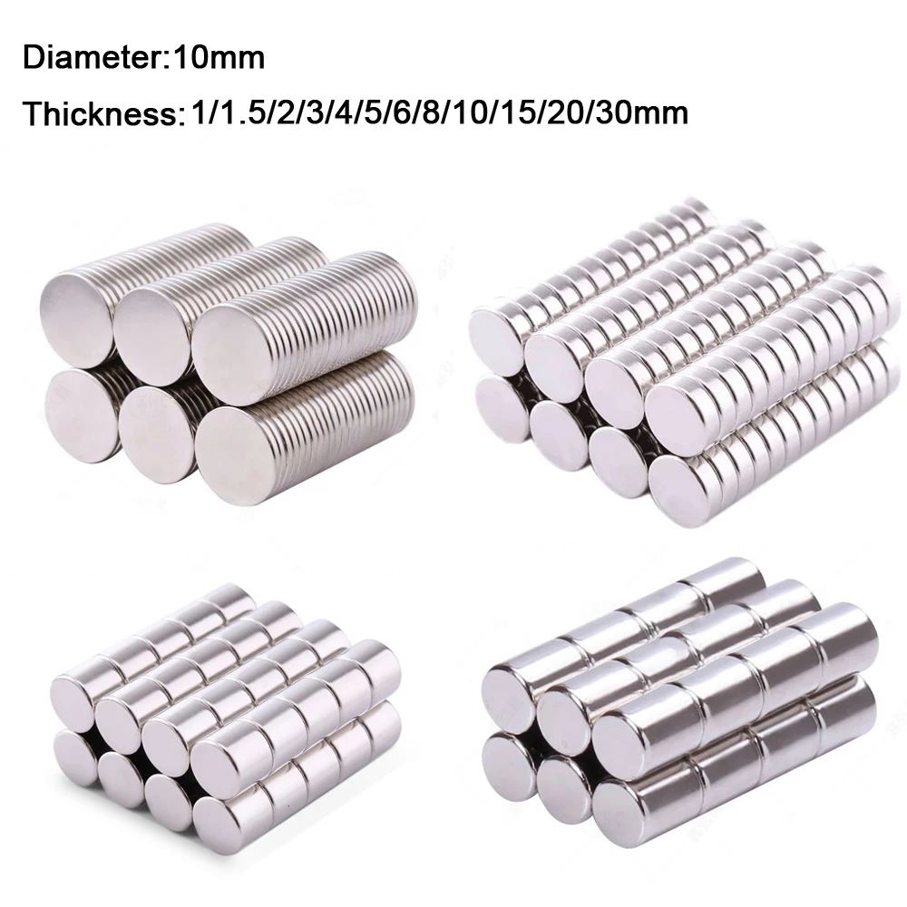10pcs 10mm Diameter Round Neodymium Magnets 1/1.5/2/3/4/5/6/8/10/15/20/30mm Thick Rare Earth Strong Crafts Permanent Magnet N35