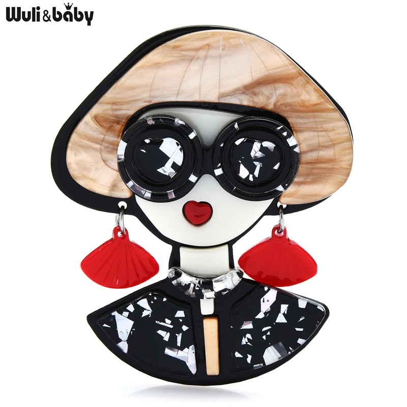 Wuli&baby Acrylic Modern Lady Brooches For Women Designer Wear Hat Glasses Girl Figure Easy Match Party Office Brooch Pin Gifts
