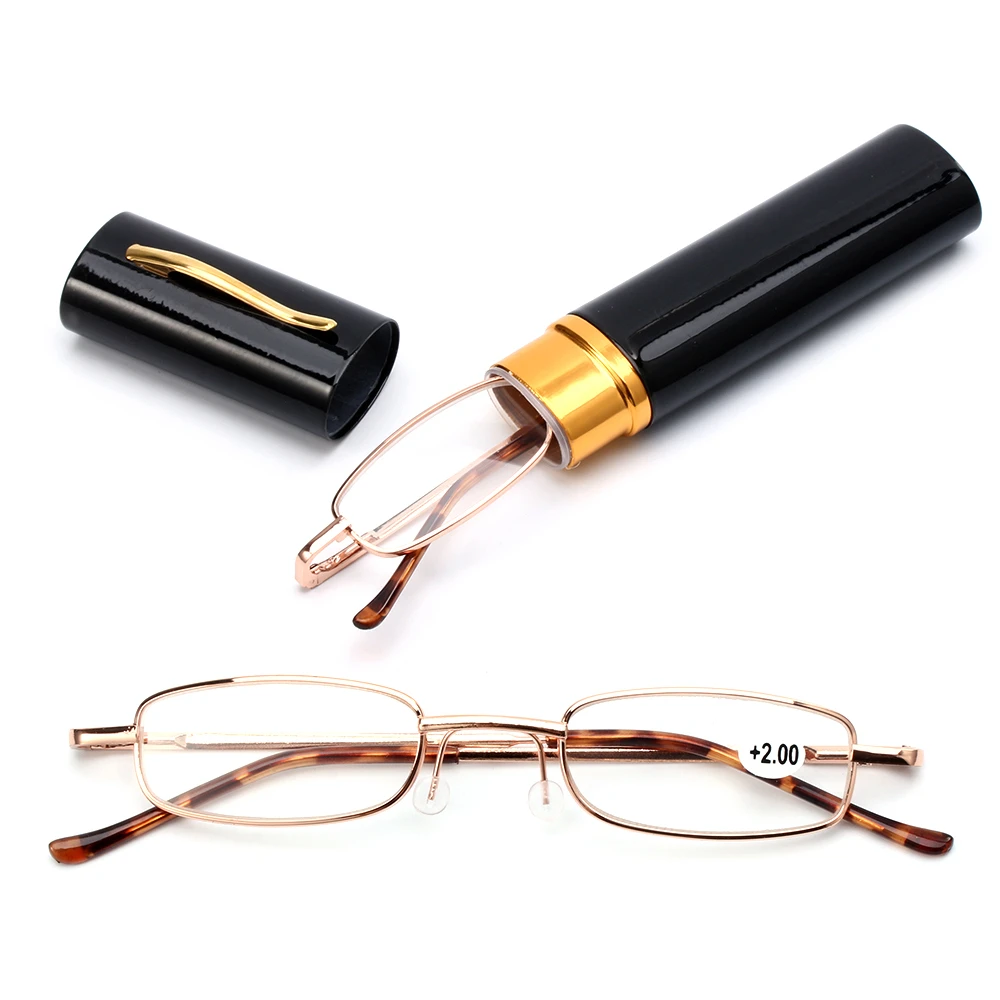 Unisex Reading Glasses with Pen Tube Case Portable Presbyopic Glasses Metal Case Spring Hinge Eyeglasses Vision Care +1.00~+4.00