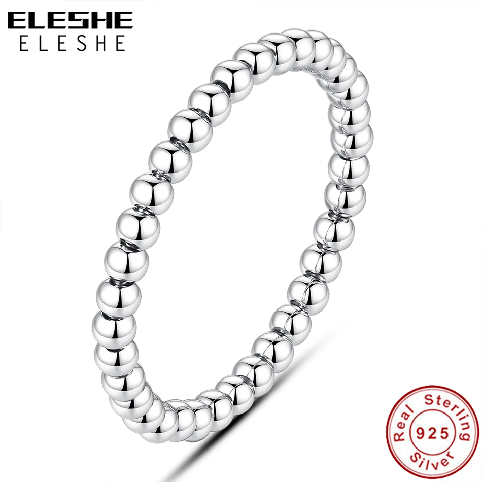 ELESHE 100% Real 925 Sterling Silver Finger Rings With Crystal Zircon INS Simple Geometric Beaded Rings for Women Fine Jewelry