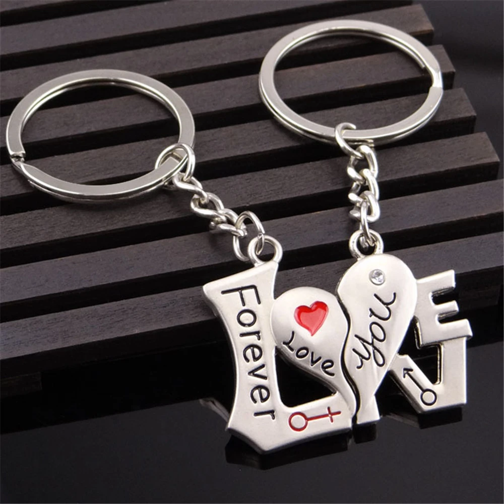 1 Pair Couple Heart-shaped Keychain Keyring Love You Forever Key Ring Valentine's Day Romantic Gift