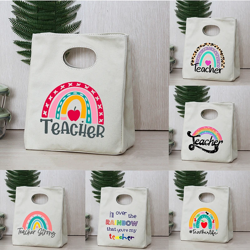 Rainbow Teacher Print Portable Lunch Box Bags Thermal Insulated Bento Tote Office School Food Cooler Storage Pouch Teacher Gifts