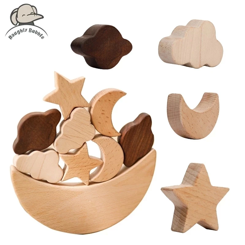 Montessori Wooden Blocks Stars Moon Stacked Blocks Wooden Toys Children's Educational Toys Diy Baby Balance Training Constructor