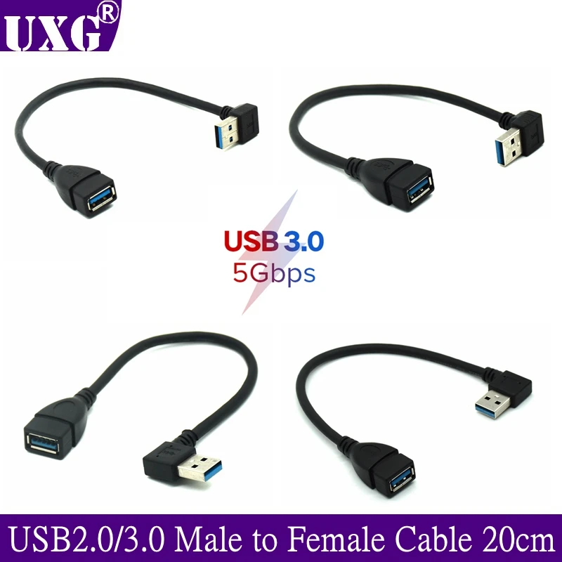 90 Degree USB 3.0 A male to female Adapter Cable Angle USB 2.0 Extension Extender Fast Transmission Left/Right/Up/Down 20cm 1M