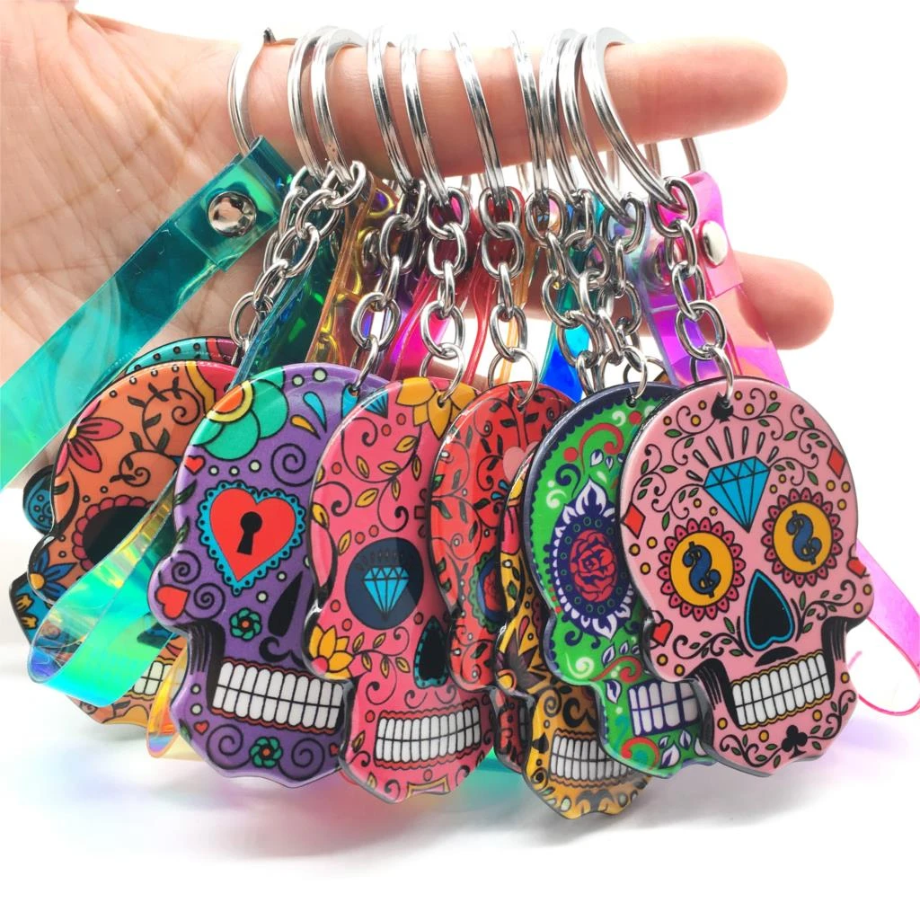 Keychains Calavera Mexican Whimsical Skull Key Chain Keyrings  Laser Dazzle Rope Sugar Skull Key Ring Bag Charm Sweet Gift