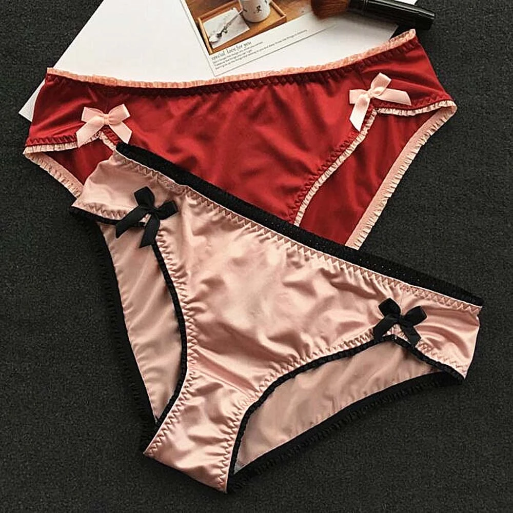 Luxury Bow Women's Underwear Vintage Solid Satin Crotch Cotton Seamless Briefs Sexy Panties Sex Thongs Female Lingerie