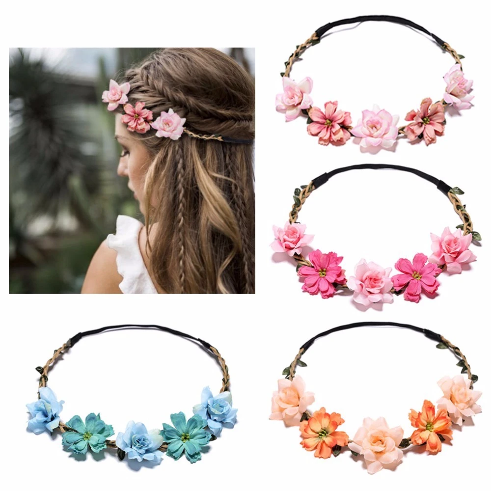 Bride Flower Crown Hair Band Wedding Floral Headband Garland Girl Flower Wreath Elastic Hair Accessories Party Wedding Headpiece