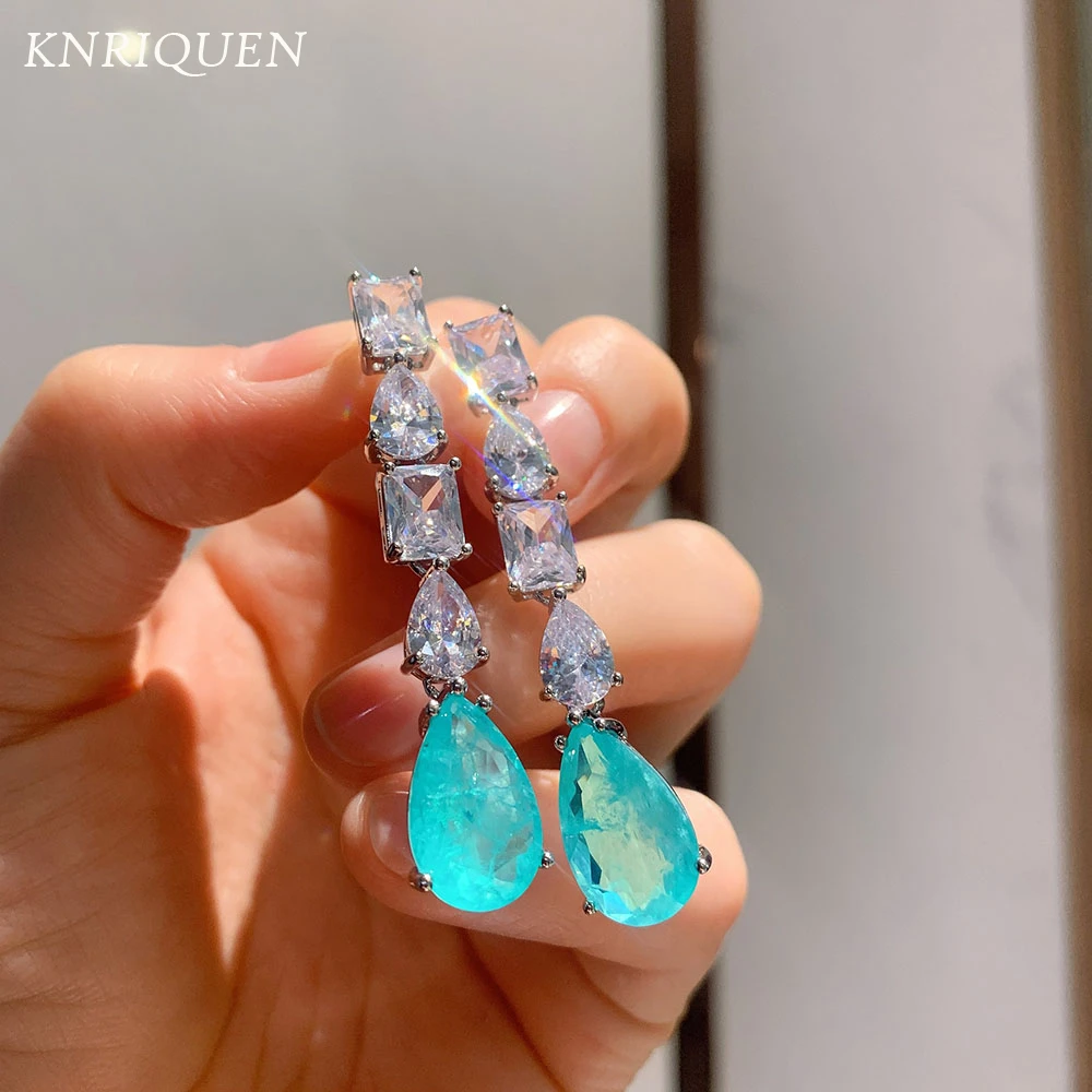 2021 Trend 925 Sterling Silver Paraiba Tourmaline Emerald Lab Diamonds Drop Earrings for Women Elegant Party Fine Jewelry Gift