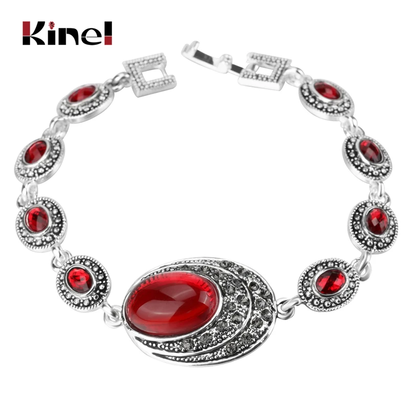 Kinel Fashion Red Bracelets For Women Charm Silver Color Gray Crystal Big Oval Main Stone Bohemian Jewelery