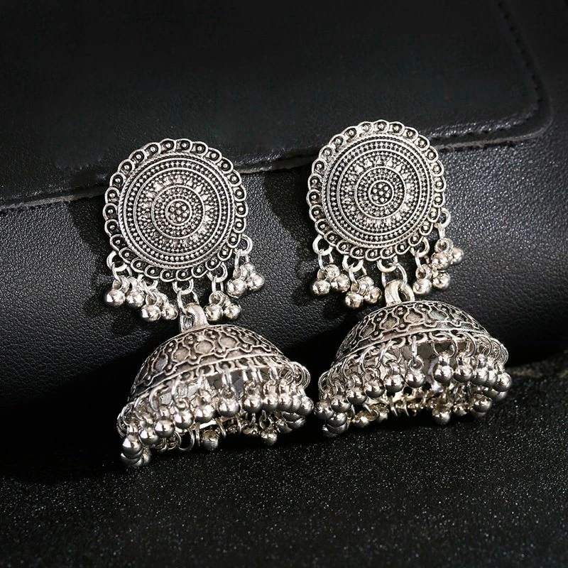 Ethnic Women's Silver Color Bells Indian Jewelry Gypsy Earrings Pendientes Piercing Vintage Tribe Tassel Jhumka Earrings Jewelry