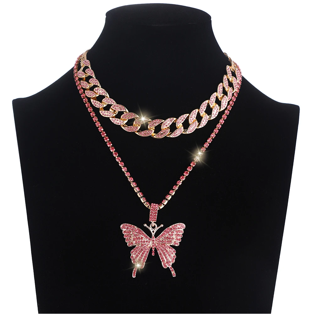 Glam Butterfly Necklace Set Cuban Link Chain Rhinestone Choker Necklace for Women Bling Statement Jewelry