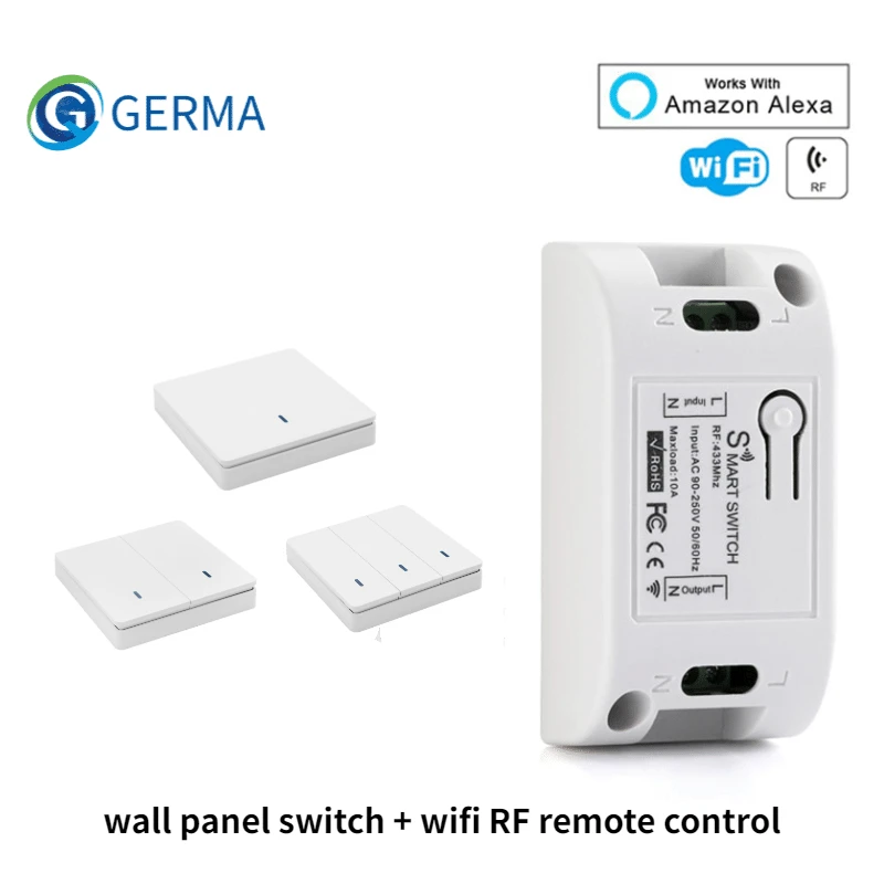 GERMA Tuya Smart Life APP push WiFi Switch Light AC 110V 220V Wall DIY Relay Timer RF 433Mhz Module  Alexa Google Home