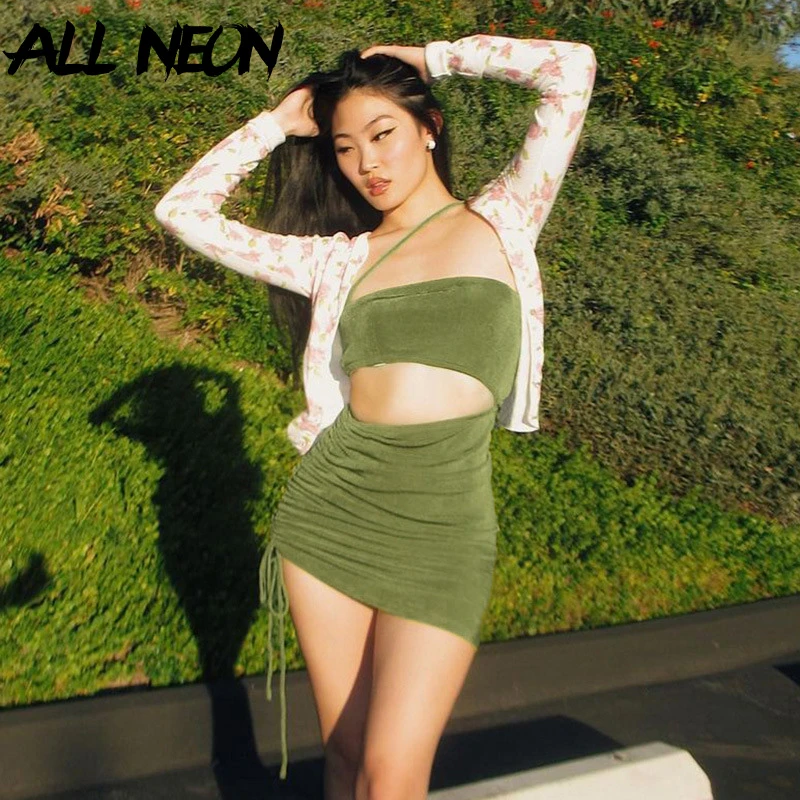 ALLNeon 2000s Aesthetics Drawstring Green Cut Out Dresses Fashion Sexy Hollow Out  Spaghetti Strap Short Dresses Summer 2021