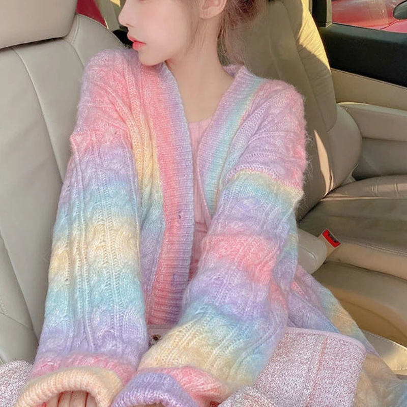 Rainbow Knitted Cardigan Women Autumn winter Sweet Kawaii Sweater Coat Female long Korean Button Down Cardigan Fall 2021 Women