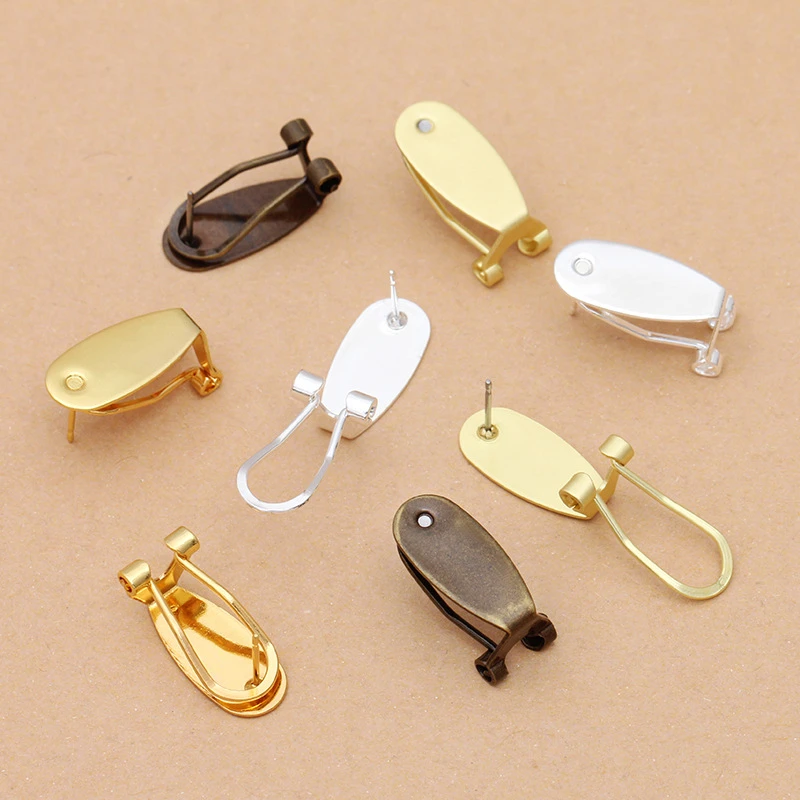 10pcs 9x20mm Brass Clip-on Earrings Cabochon Cameo Setting Blank Earring Fixtures Accessories For Findings Components DIY