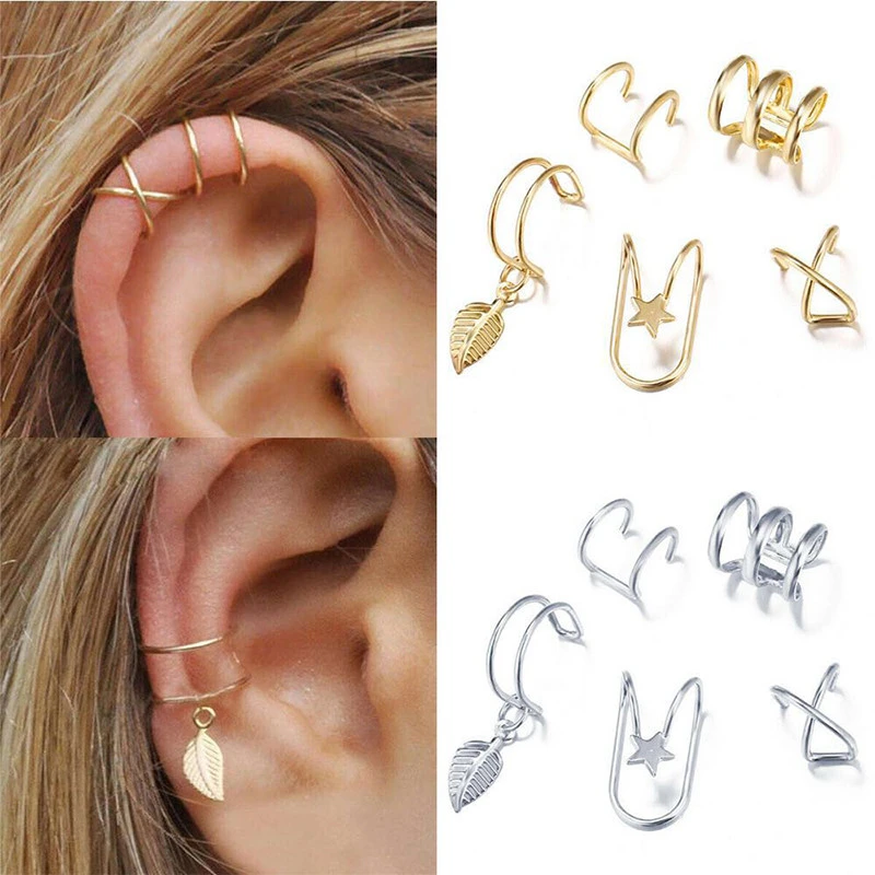 Modyle Fashion Gold Color Ear Cuffs Leaf Clip Earrings for Women Climbers No Piercing Fake Cartilage Earring Accessories Gift