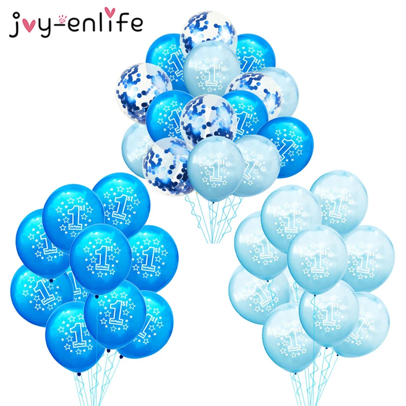 10/15pcs 1st Birthday Balloons Blue Confetti Latex Ballons Boy Baby One 1 Year Old First Birthday Party Decorations Baby Shower