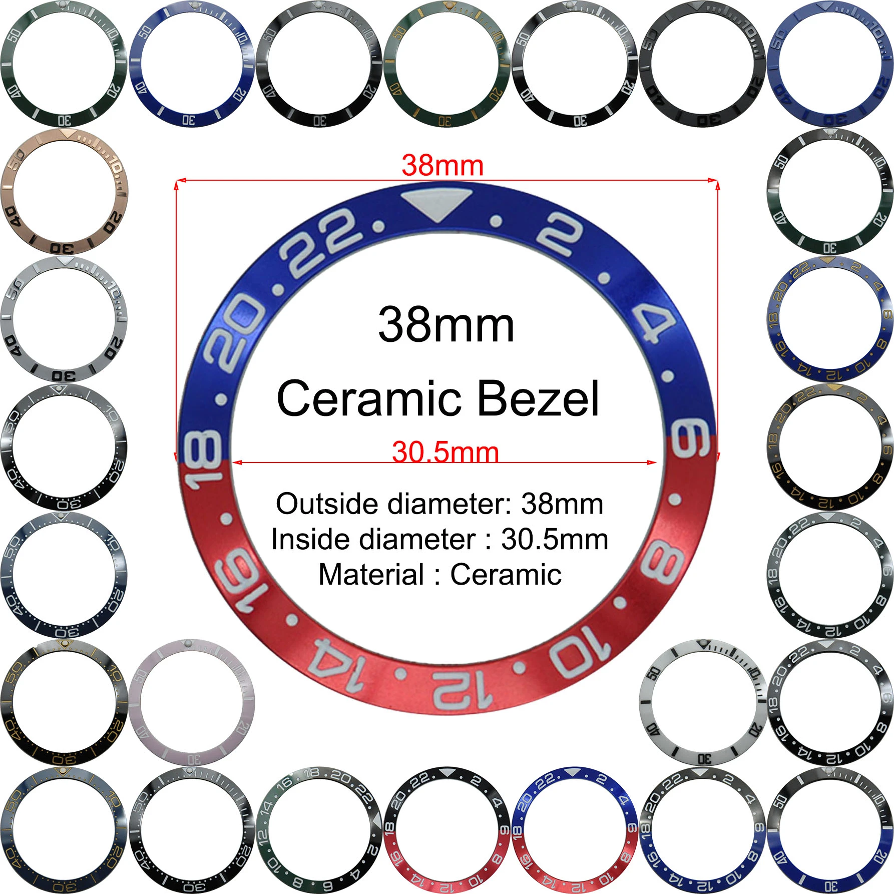 38mm Ceramic Bezel GMT and Diving watch Insert For 40mm Mens Watch Watches Replace Accessories Watch Face Watch Bezel Inserts