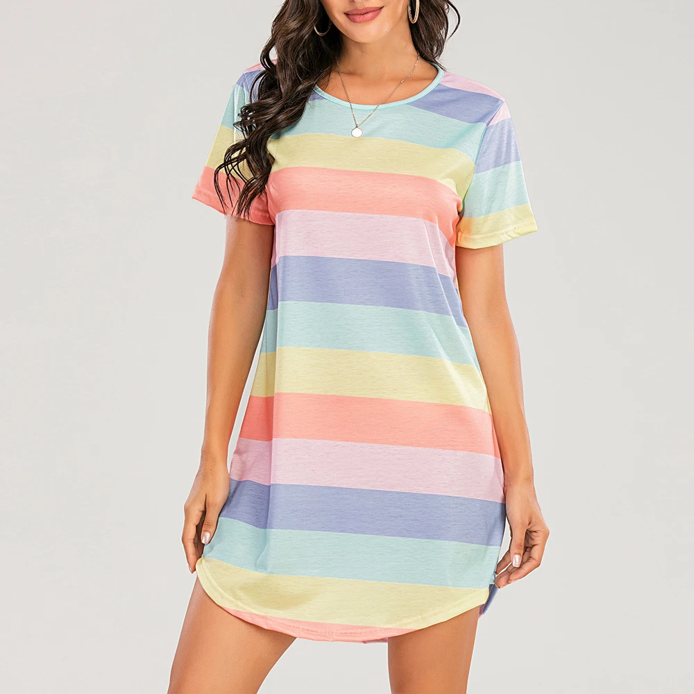Sexy Pyjamas Night Dress for Women Short-Sleeved Rainbow Striped Nightgown Loose Dormir Tops Large Size Leisure Sleepwear S-5XL