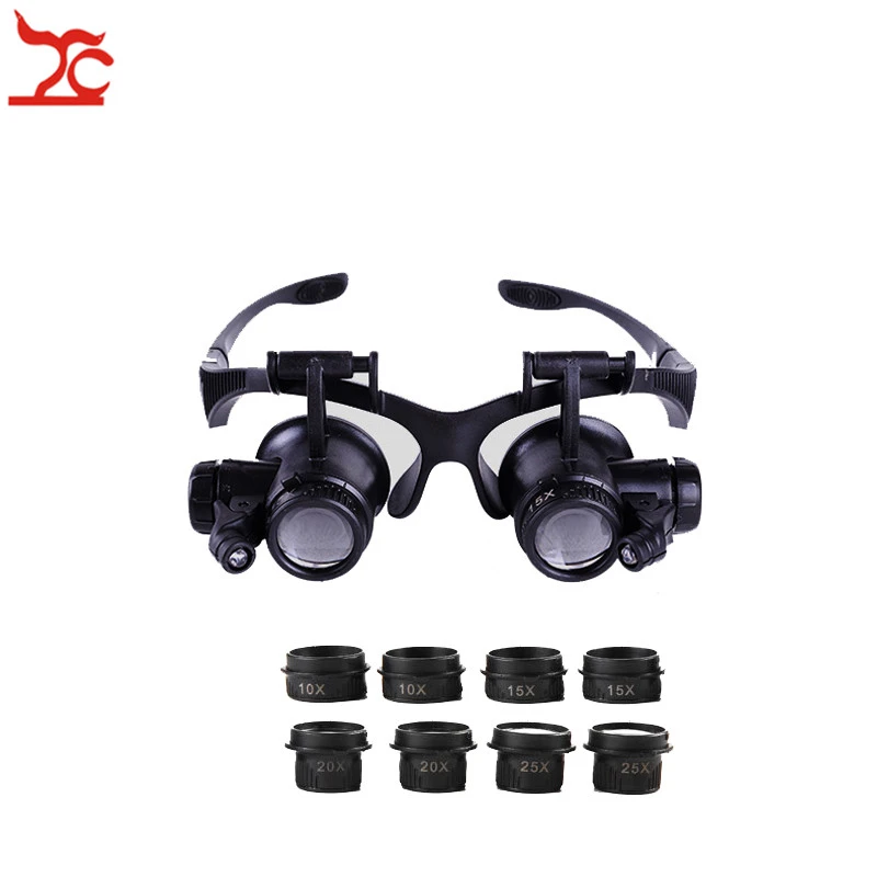 Professional Adjustable Repair Watch Safety Magnifier Double Eye Head Band Eyeglasses With 8 Lens LED Magnifier Eyewear