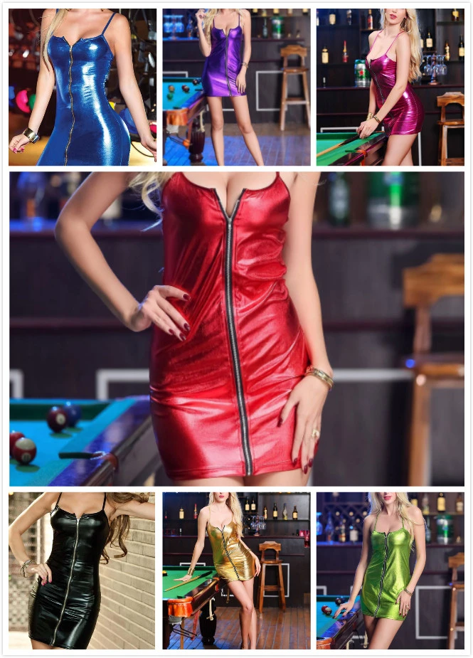 Patent leather light Camisole Front zipper Pure color sex shop s-xxxxl sexy latex dress pvc dress clubwear leather dres