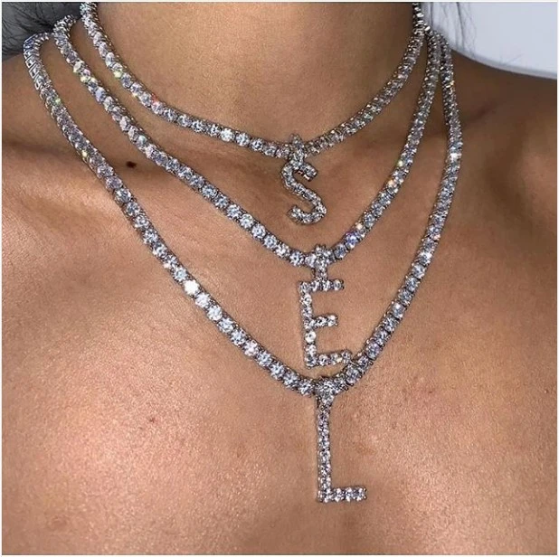 Wholesale Men women Hip hop Name 5mm cz tennis chain Bubble Letter Necklaces Alphabet Charm pendants Hip hop jewelry
