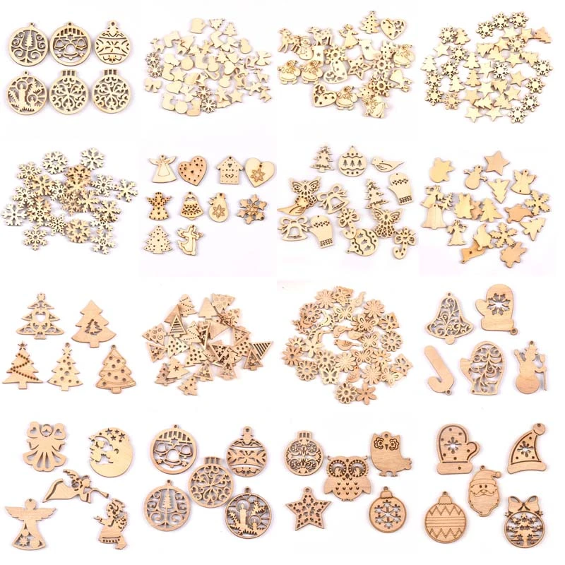 DIY Natural Wooden Chip Christmas Tree Hanging Ornaments Pendant Kids Gifts Snowman Xmas Ornaments Decorations mt2521