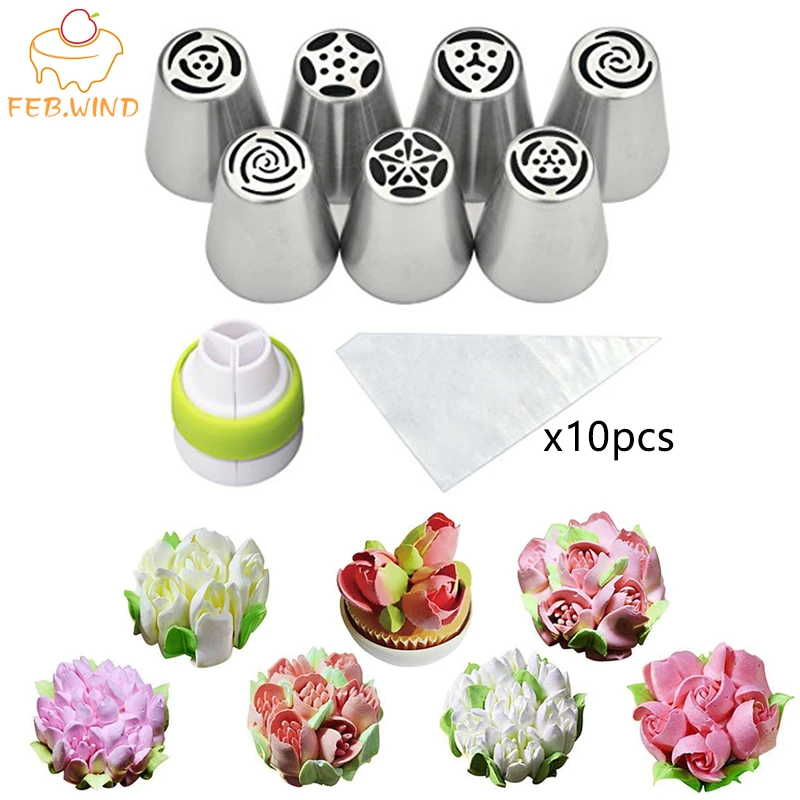 18 Pcs/Set Icing Piping Nozzles Russian Piping Tips Cake Decorating Russian Flower Tips 10 Pastry Bags 1 Tri-Color Coupler   628