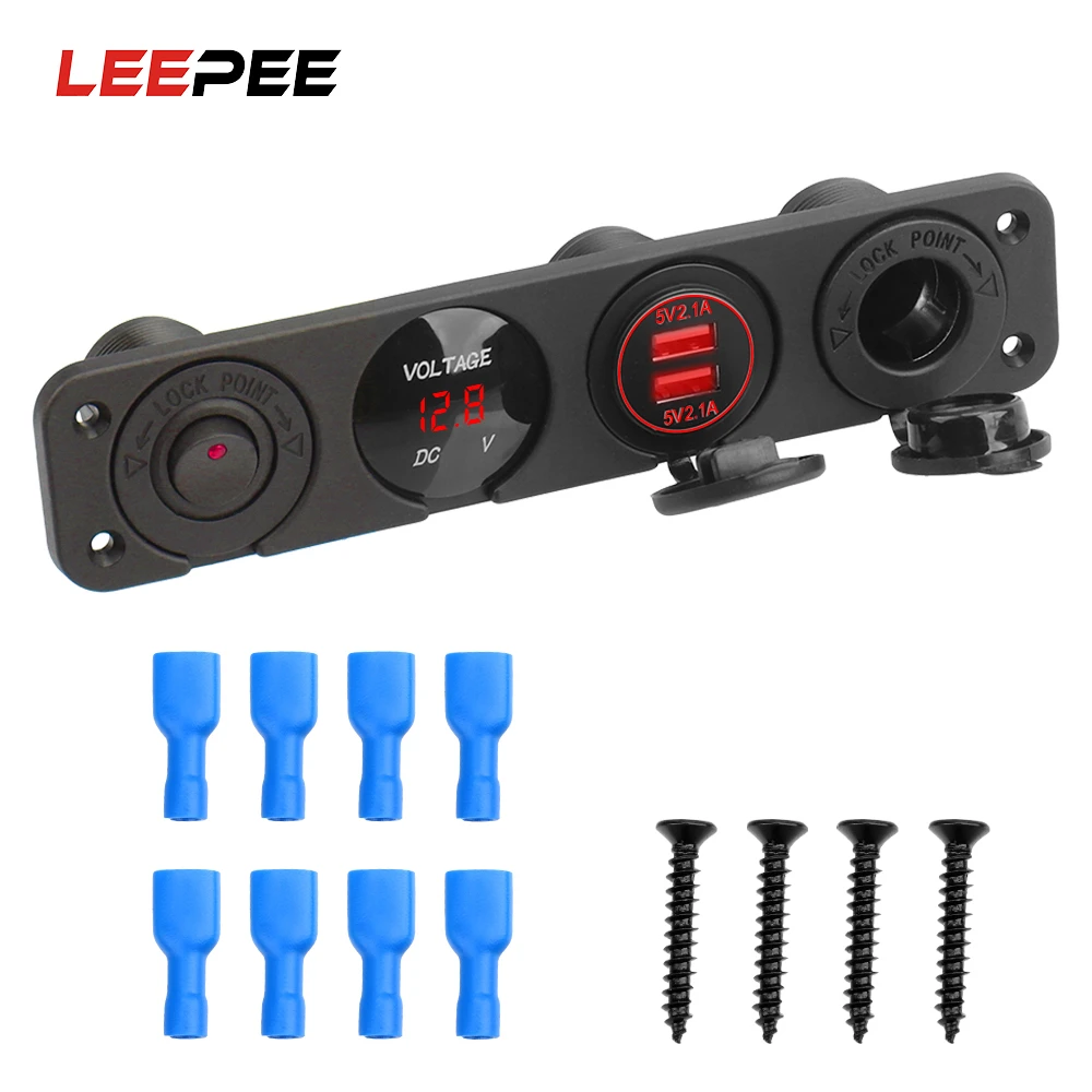 LEEPEE 12V Power Socket Dual USB Charger Waterproof Digital Voltmeter Rocker Switch 4 In 1 Car Cigarette Lighter Switch Panel