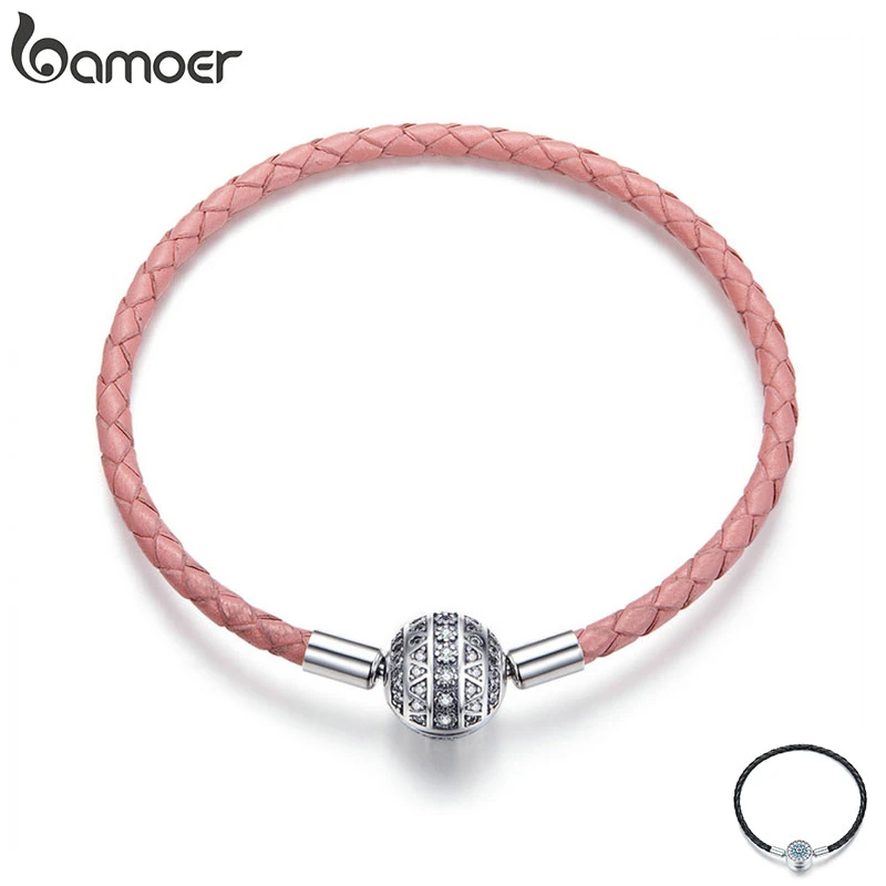 BAMOER Genuine 925 Sterling Silver Round Clasp Dazzling Clear CZ Leather Bracelets for Women Sterling Silver Jewelry SCB114