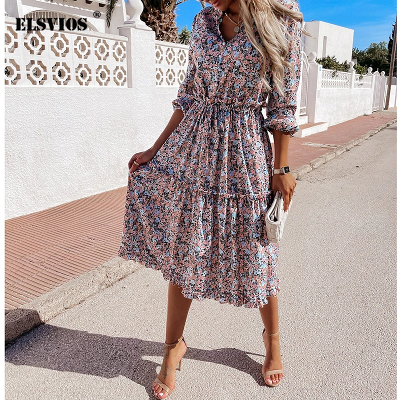 2021 Spring And Summer Women New Digital Print Small Fresh And Sweet Lace Mid-Length Dress Sexy V Neck Floral Casual Beach Dress