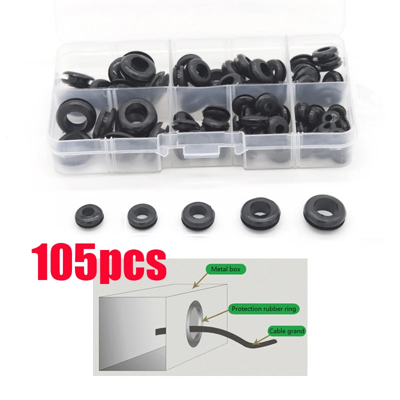 105pcs PT Waterproof Protect Wire Tool 5 Sizes Set Sealing Rubber Cables Grommet Kit Electrical Plugs Conductor Gasket Ring