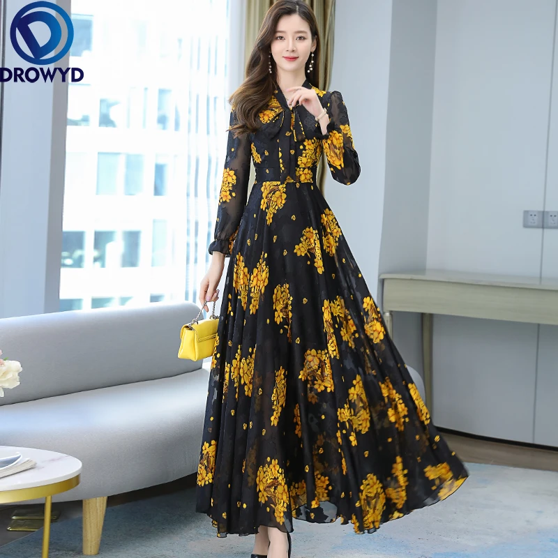 2021 Summer Black Print Maxi Dress New Arrival High Quality Plus Size S-4XL Flower Long Sleeve Women Chiffon Long Dress Vestidos